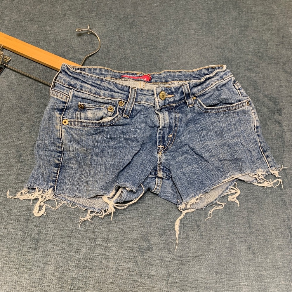 Levi's 524 Too Super Low Shorts Women 4 Medium Blue Denim Cotton Raw Hem Stretch